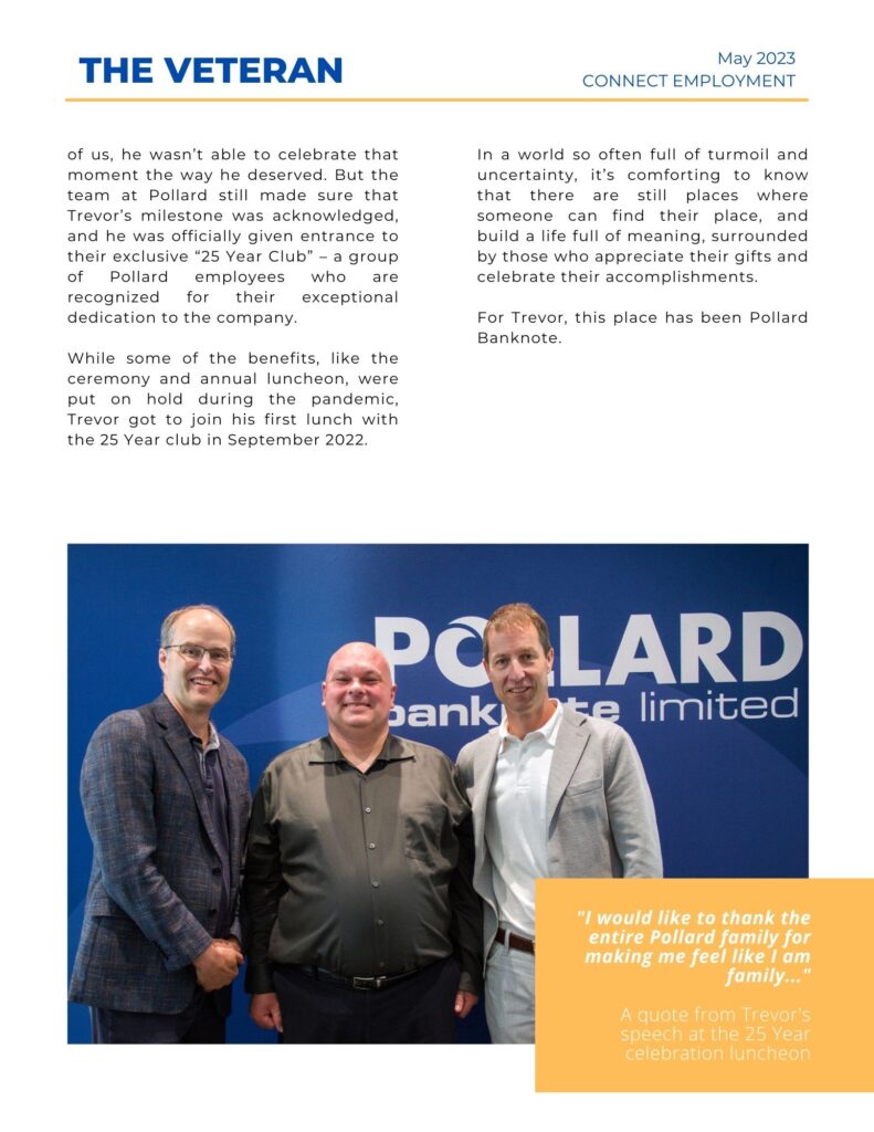 Connect alumni and Pollard Banknote employee Trevor W (center), along with Pollard Banknote management, accompanying page 3 of BLOG post